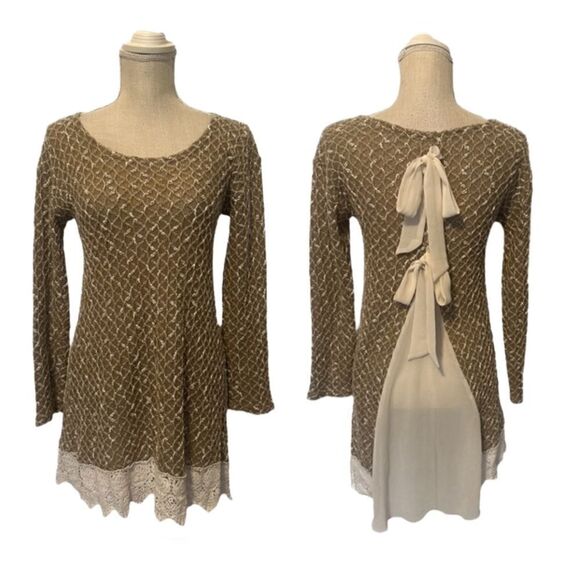 Anthropologie A'reve Sweater Tunic with Lace & Double Bow Detail Size Medium - Picture 1 of 16